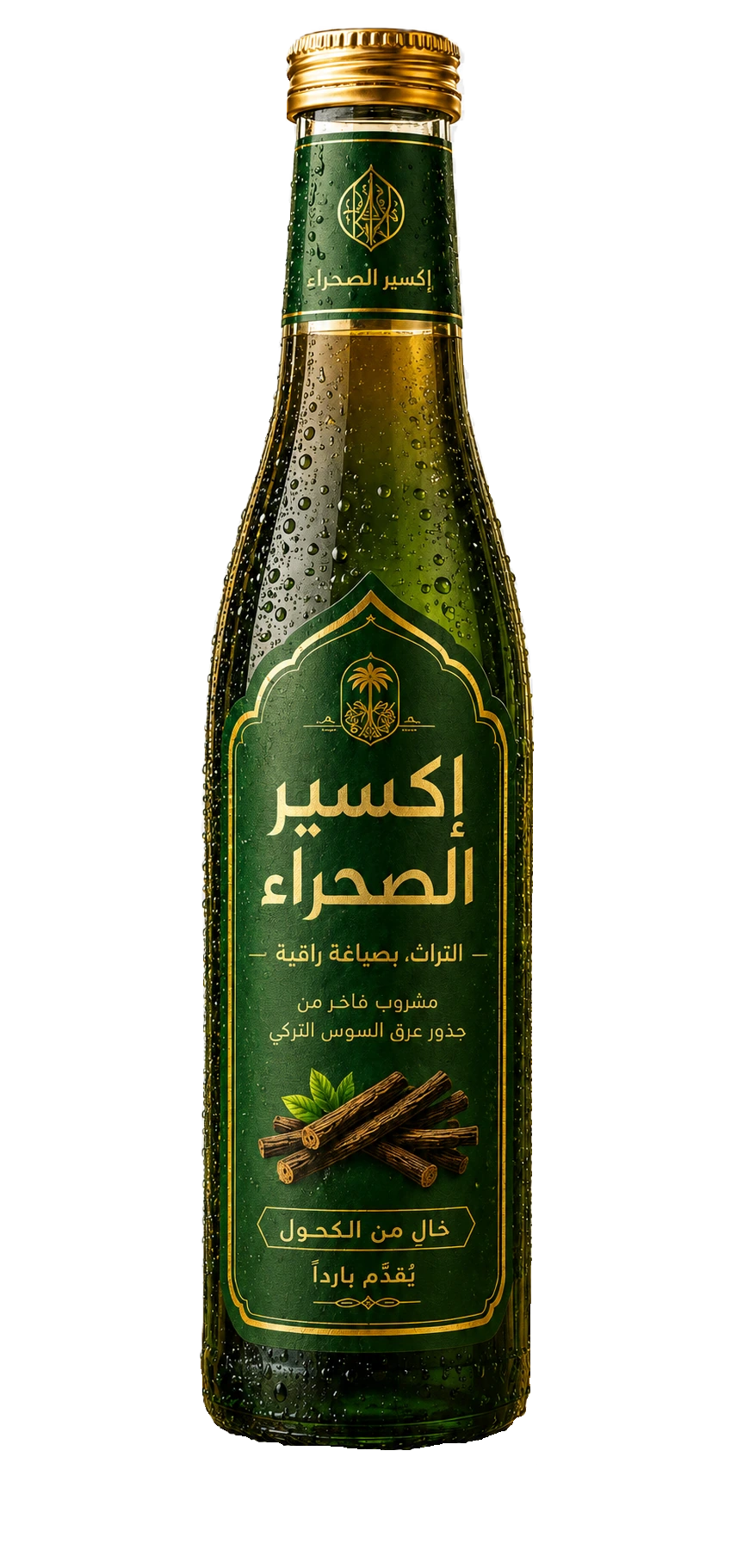 Desert Elixir Arapça etiketli cam şişe