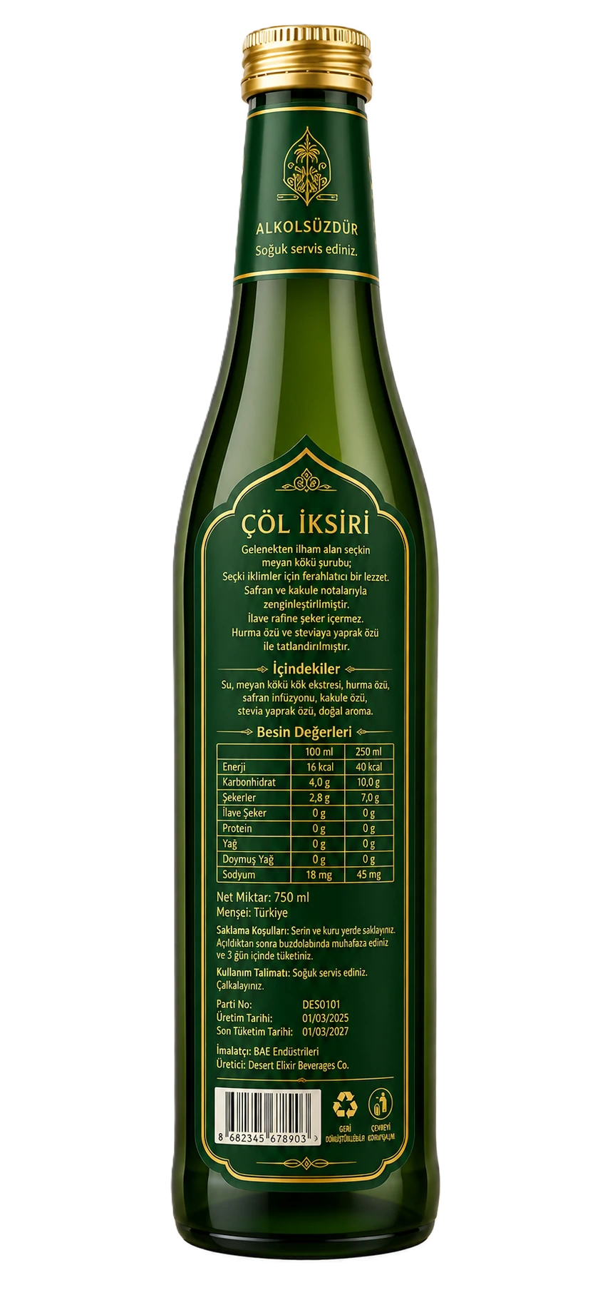 Desert Elixir arka etiketli cam şişe