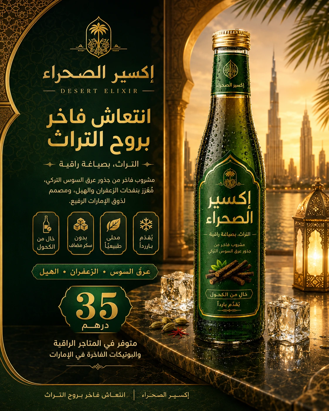 Arapça ve İngilizce Desert Elixir basılı reklam posteri